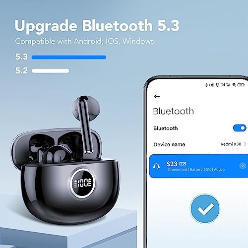 CASCHO Ear Buds Wireless Earbuds V5.3, for Small Ears, 37H Playtime, Bluetooth CVC8.0 Clear Call, Deep Bass, IPX7 Waterproof, Earphones iPhone Android