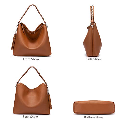 LOVEVOOK Sacs à main femme grand sac à bandoulière en simili cuir sac à bandoulière avec glands designer sac hobo lot de 2 petit sac cosmétique Marron