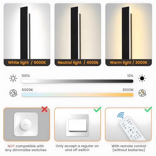 ZTWLEED Dimmable Indoor Wall Light, 44W Modern Wall Lamp with Remote Control 2.4GHz, 3000K-6000K Adjustable Acrylic Wall Light for Bedroom, Living Room, Hallway, Stairs, 120 cm, Black, 110-240 V