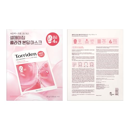 Torriden CELLMAZING Low Molecular Collagen Firming Gel Sheet Mask, 4 Sheets | Dual Wrinkle Improvement Benefits From Face to Neck | Minimize Pores & Wrinkles | Intense Hydration, Cruelty Free