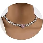 DEVINOTE Rhinestone Heart Necklace for Women Chunky Cuban Link Chain Heart Pendant Choker Necklace Sweet Trendy Statement Party Jewelry