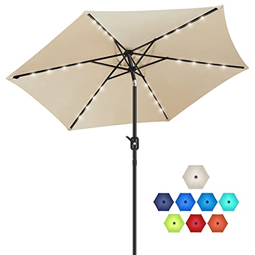 FRUITEAM 9FT Solar LED Umbrella Solar Powered Umbrella Polyester LED Lighted Patio Umbrella w