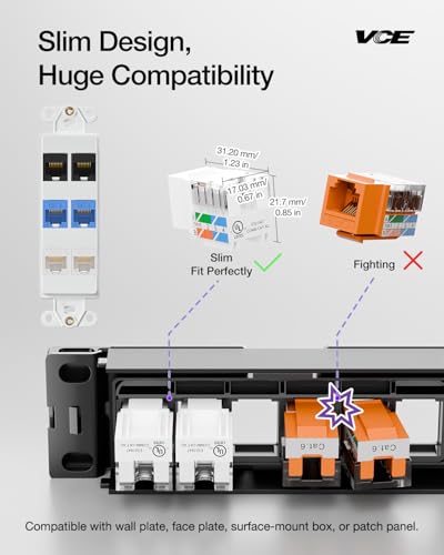 VCE UL Listed 10Gbps Cat6 Keystone Jack Insert 25-Pack, 90 Degree Punch Down RJ45 Keystone Jack Adapter Slim Profile for Patch Panel and Wall Plate, White