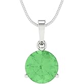 Clara Pucci 2 cttw Green Simulated Diamond White Gold-Plated Silver Necklace and Pendant for Women (18" Box Chain,Round Cut,8.0mm)