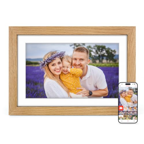 Frameo Digitaler Bilderrahmen Holz WLAN mit 32GB, 10.1 Zoll Elektronischer Bilderrahmen 1280 * 800 IPS Touchscreen, Fotos/Videos sofort über Frameo APP Teilen,