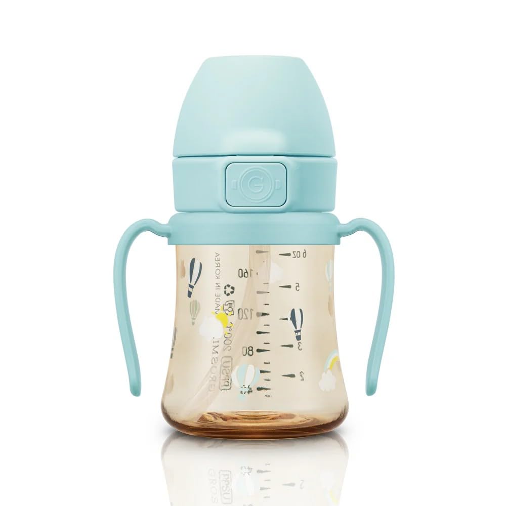 grosmimi flip top spill proof sippy cup, ppsu, bpa free, 6 oz, stage 2 straw for toddlers (air balloon)