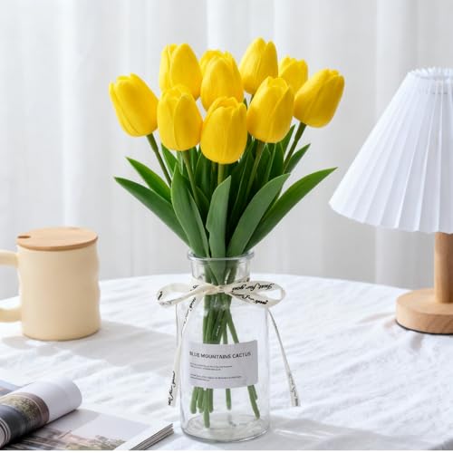 Probuk 10pcs Yellow Artificial Tulips in Bouquets – Symbol of Cheerful Friendship and Sunny Greetings, Spring Decoration, Office, Living Room