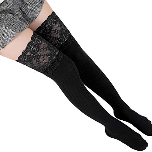 Euone �� Socks, Women Lace Trim Thigh High Over The Knee Socks Long Cotton Warm Stockings (Black)