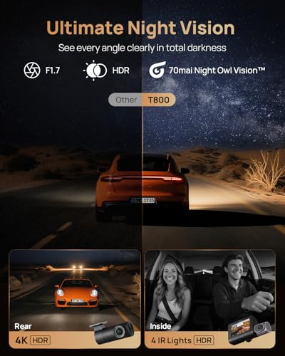 70mai 4K T800 3 Channel Dash Cam Front and Rear Inside (2160P+2160P+1080P), STARVIS 2 IMX678, HDR Night Vision, Dash Camera for Cars with 512GB Card, WiFi 6, 4G LTE, ADAS, 24H Parking Mode