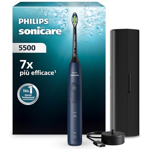 Philips Sonicare 5500, spazzolino elettrico sonico con 2 modalità, avviso di pressione, EasyStart, Smartimer e BrushPacer, blu navy, modello HX7113/01 [Nuova tecnologia]