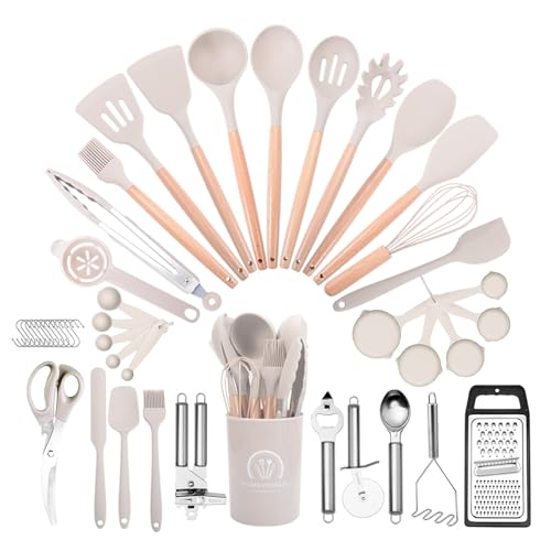 ARCHAEOPTERYX Kitchen Cooking Utensils Set, 46 pcs Non-Stick Silicone Cooking Kitchen Utensils Spatula Set with Holder, Wooden Handle Silicone Kitchen Heat Resistant Gadgets Utensil Set (Khaki)
