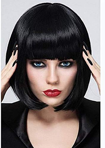UQinZ 14" Short Bob Wig With Bangs Black Synthetic Straight Hair Wigs With Flat Bangs for Women Daily Cosplay
