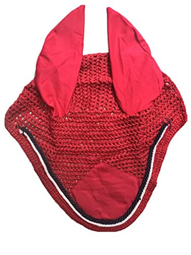 Spire Horse Soft Crochet Fly Veil Breathable Cotton Ear Net Hood Horse fly Control Masks Protector Bonnets (Full, Red/Black-White) — image 1