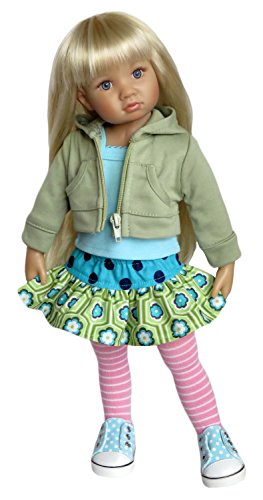 Green Hoodie, Aqua Tank, Mixed-Print Skirt, Tights, and Sneakers. Fits 18