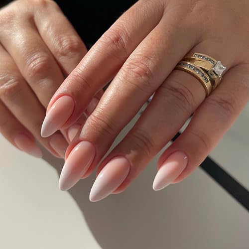 Qsnidy Press on Nails Almond, Ombre Nude to White Press on Nails Medium Fake Nails, Glossy Full Cover Glue On Nails for Women Daily Wear, Natural Fit Acrylic Stick on Nails in 12 Sizes - 24 Nail Kit - Image 3