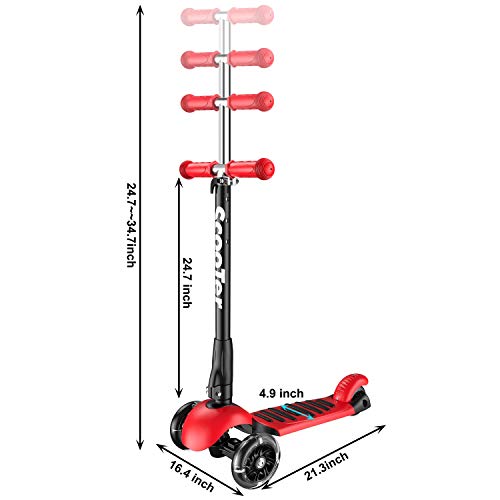 Banne Scooter Height Adjustable Lean to Steer Flashing PU Wheels 3 Wheel Kick Scooters for Kids Boys Girls (Red) - Thumbnail 3