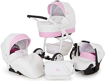 SaintBaby Kinderwagen 3 in 1 alles in einem Zubehör Isofix Easy-Go Buggy Babyschale Autositz Weiß & Rosa ohne Isofix-Ausstatt
