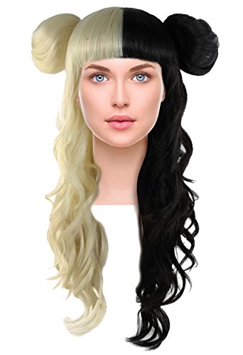 Womens Long Curly Wigs with Bangs Side Buns for Cosplay Halloween Costume Blonde and Black