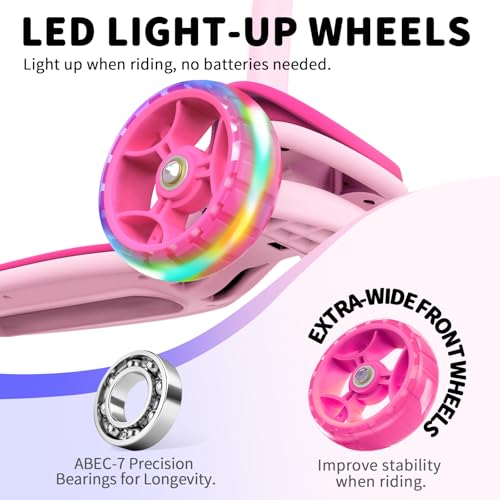 BELEEV A8 Children’s Scooter, 3 to 12 Years Old, Kids’ Folding Scooter with 3 Wheels and LED Lights, 4 Adjustable Heights, Non-Slip Bridge, Scooter for Children and Girls, Childhood Gift