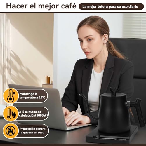 Tetera Eléctrica de Acero Inoxidable 304 con Cuello de Cisne,Electrica de 7 Modos de Temperatura,Hervidor de Agua Eléctrico con Apagado Automático,1000W Calentamiento Rápido,1 L para Preparar Café,Té