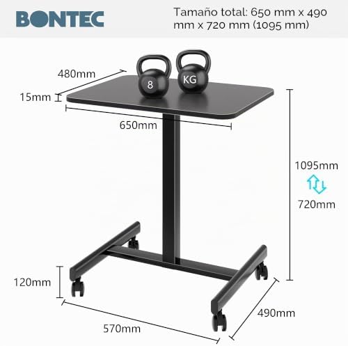 Escritorio de pie móvil 65x48 cm con 4 Ruedas Giratorias, Ajustable en Altura, Mesa para Cama, Escritorio Portátil para Oficina y Sala de Estar, Mesa Multifuncional con Ruedas para Dormitorio