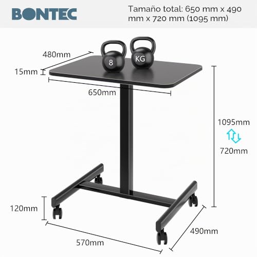BONTEC Mobile Standing Desk 65 x 48 cm with 4 Swivel Wheels, Height Adjustable, Bed Table, Portable Desk for Office and Living Room, Multifunctional Table with Wheels for Bedroom