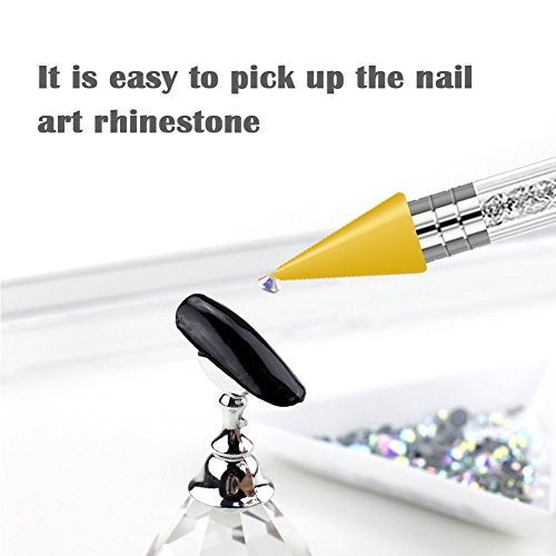 Dual Ended Nail Rhinestones Picker Pencil Dotting Pen Nail Art Design Studs Picker Crystal Beads Acrylic Handle Stainless steel and Wax Double Head Manicure Tool with Travel case (1pcs)
