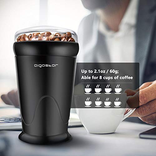AIGOSTAR Coco- Electric Coffee Grinder with Stainless Steel Blades | Grinds Coffee Beans, Spices, Nuts and Grains | One-Touch, 60g, Black