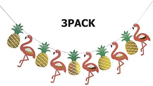 3-Pack Flamingo Decoration Banner,Hawaiian Luau Birthday Party Decoration,Party favors Garland Pineapple Ribbon Banners