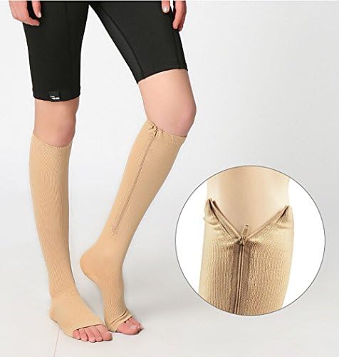 Lingsss Zip Compression Socks Medical, 2 Pair Toeless Nurse Compression Socks with Zipper Easy on off 15-20 mmHg for Varicose Veins, Edema, Swollen Sore Legs