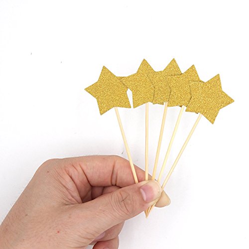 Zicome 50 Pack Double Sided Gold Glitter Cupcake Toppers Attached with Sticks for Baby Bridal Shower Birthday Party and Wedding (Star)