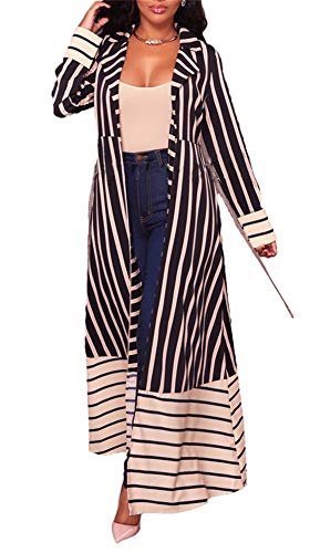 HuiSiFang Women's Casual Striped Long Sleeve Lapel Kimono Cardigans Patchwork Outwear Belted
