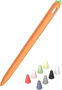 Cute Carrot Silicone Cover Case Compatible for 2nd Generation Apple Pencil Sleeve Holder with 8 pcs Pencil Tips Nips Cover