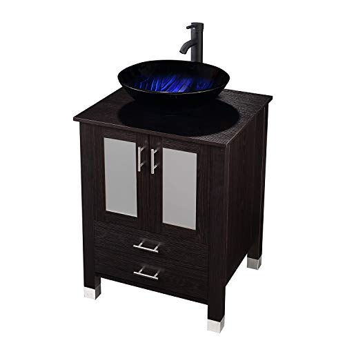 24 inch Bathroom Vanity and Vessel Sink with Vanity Mirror,Modern MDF Cabinet w/Sink Faucet &Drain set