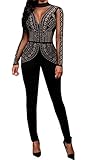 Lovaru Women's Fashion Rhinestone Mesh Insert Bodysuit Jumpsuit Open Back