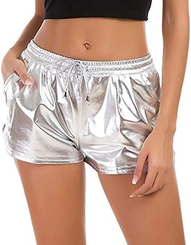 Women's Yoga Hot Shorts Shiny Metallic Pants with Elastic Drawstring Sparkle Rave Dance Shorts