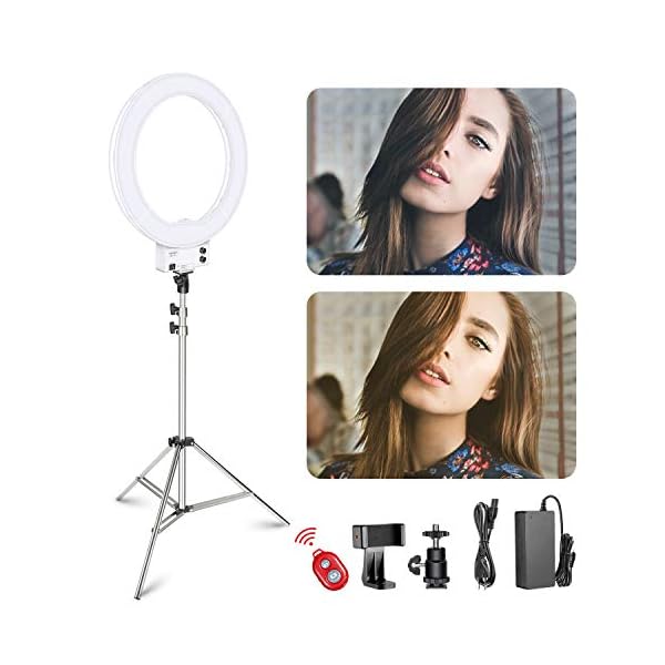 Neewer 18 Zoll dimmbares weißes LED Ringlicht mit silbernem Lampenständer Licht Set mit weicher Filter Zubehörschuh Adapter Handyhalter für Make-up Video