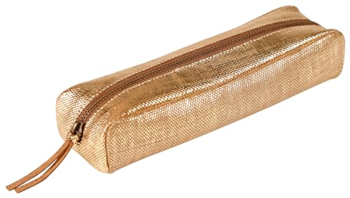 Clairefontaine 410040C -Golden Rectangular School Pencil Case Textile Effect 21x6x4cm in Genuine Lambskin Leather - School Supplies - Pencil Case - Pen Holder