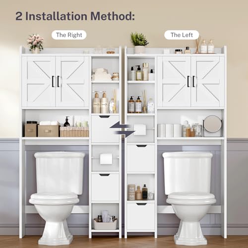 TEENFON Over the Toilet Storage Cabinet with 2 Removable Drawers, Above Toilet Storage Cabinet with 10 Storage Shelves, Taller Wooden Free Standing Bathroom Storage, Laundry Room Storage Shelf, White