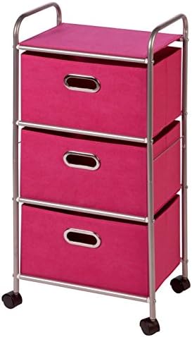 Storage Unit On Wheels 3 Drawer - Rolling Mobile Organizer Cart w Shelf Chrome &amp; Fabric - Best For Office, Bedroom, Laundry Room Bundle w Anti-slip Accessory Pad (Pink)