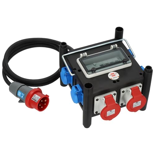 Brennenstuhl Kompakter Gummi-Stromverteiler mit zertifiziertem Sicherungsautomaten (2m Kabel, 2X CEE 400V/16A, 5X 230V/16A, ständiger Einsatz im Freie