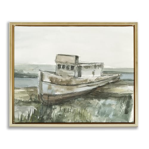 Stupell Industries Beached Fishing Boat Gold Framed Floater Canvas Wall Art des…