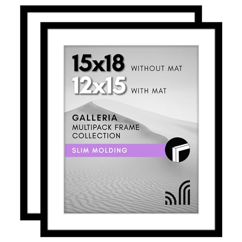 Americanflat 15x18 Picture Frame with Polished Plexiglass - Set of 2 - Use as 12x15 Frame with Mat or 15x18 Frame Without Mat - Galleria Collection - Gallery Wall Frame Set for Wall Display - Black