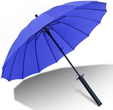 17Rainbow Long Handle Samurai Sword Katana Handle Umbrella Semi-automatic Pongee Rain Sun Umbrella with 16 Ribs (Blue)