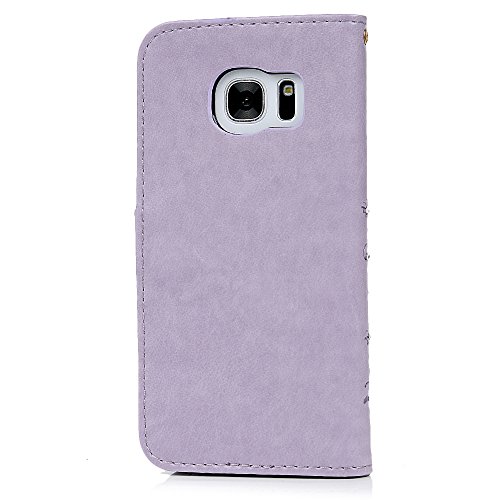 Galaxy S7 Case, Mavis's Diary 3D Handmade Embossed Wallet Bling Diamonds Butterfly Flowers PU Leather Magnetic Flip Folio Protective Shockproof Cover Card Holders - Purple