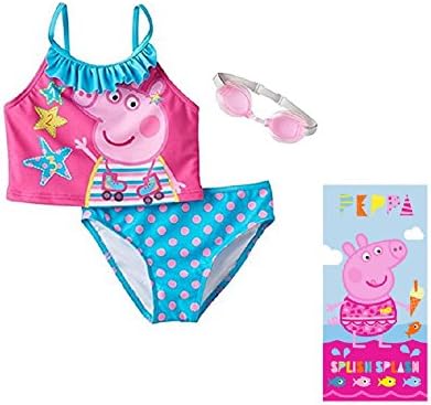Peppa Pig Toddler Girls 3-Piece Swim Set: Tankini Swimsuit (Size 5/6), Goggles, and Beach Towel