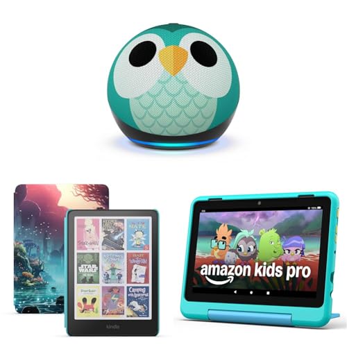 Amazon Kids Entertainment Device Bundle Including Fire HD 8 Kids Pro Tablet (32GB, Hello Teal) + Kindle Colorsoft Kids (16GB, Fantasy River) + Echo Dot Kids (Owl)