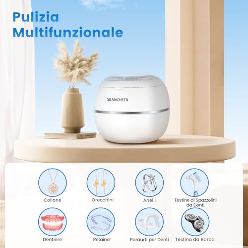SEANCHEER Ultrasonic Cleaner 48000Hz Ultrasonic Cleaner | 180 ml | UV Lamp Dental Pod for | Bite Bruxism Night | Dental Implants | Teeth Appliance | Retainer | Aligners | (White)