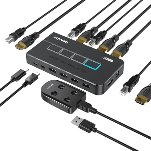 MT-VIKI KVM Switches 4 Port 4K@60Hz, HDMI KVM Switch Share USB 2.0 Devices with 4 USB Hubs, 4 Computers 1 Monitor Share Keyboard Mouse Printer, Including 4 USB Cables and 4 HDMI 2.0 Cable