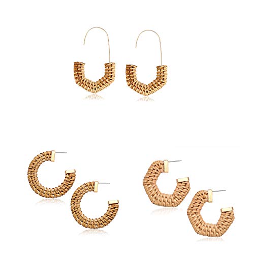MOLOCH Rattan Earrings for Women Handmade Straw Wicker Braid Hoop Earrings Lightweight Wire Drop Dangle Earrings Fashion Jewelry (Metal end)